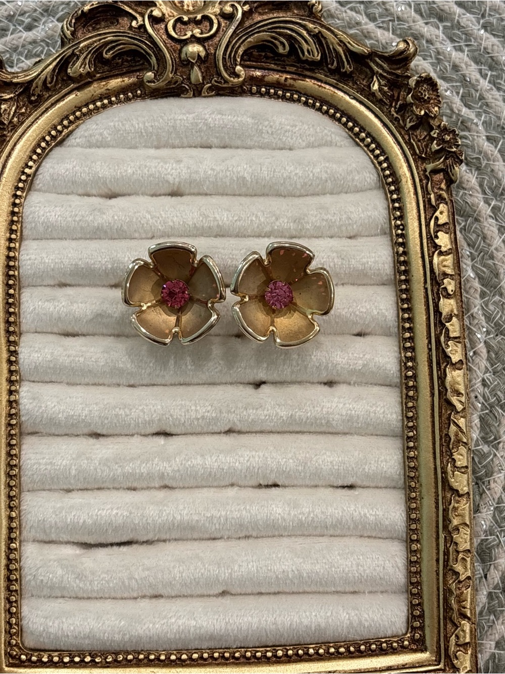 Vintage Gold Flower Screw Back Earrings with Pink Center - Women Jewelry